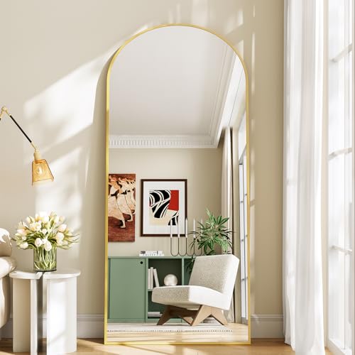 Image of Large Full Length Mirror, 30 inchx71 inch Arched Floor Mirror Full Length with Stand, Room Decor Big Full Body Mirror with HD Tempered Glass Aluminum Frame for Bedroom Living Room,Gold