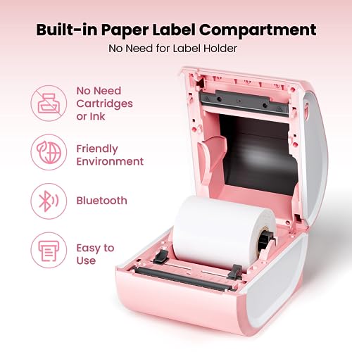 Image of Bluetooth Shipping Label Printer with 1 Roll Labels - D520BT Pink Thermal Label Printer, Thermal Printers with Built-in Label Holder, Come with 500PCS 4x6 White Labels (500 Labels /Roll)