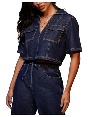 Floerns Women's Collared V Neck Denim Crop Tops Short Sleeve Casual Loose Jean Top