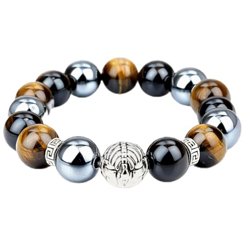 Large 14mm Tiger's Eye Obsidian Hematite Triple Protection Bracelet - Lucky Spacers Unisex Stretch Bracelet, Blessing Healing Jewelry, Great Gift Choice for Parents/Partners/Employees