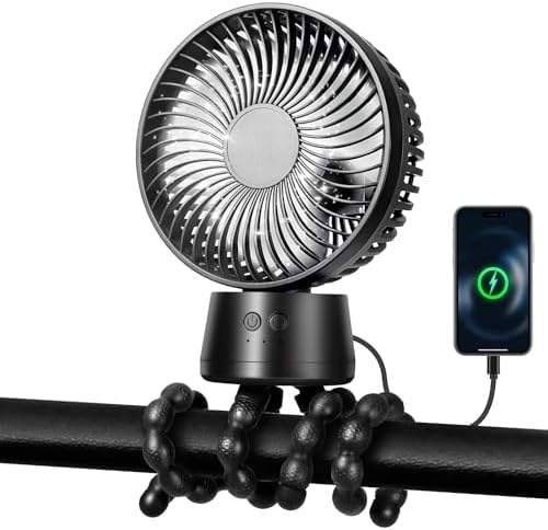 POPERFUN 50H Portable Stroller Fan, 15000mAh Ultra-Long Battery Powered Rechargeable Personal Fans, Tripod Clip Fan with Auto Rotation，3 Speed Desk Handheld Cooling for Travel Car Seat Bedroom - View 3