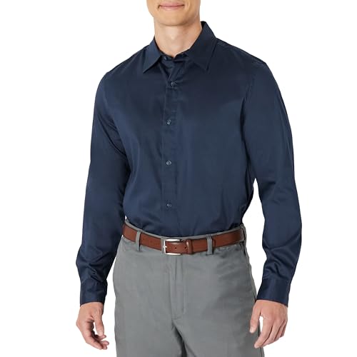 Amazon Essentials Men's Regular Fit Long Sleeve Wrinkle Resistant Stretch Dress Shirt, Navy, Large