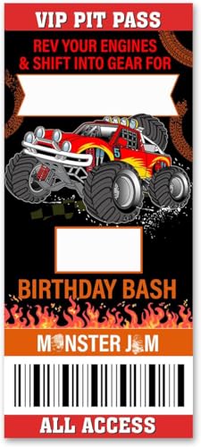 VAHATAN Monster Truck Birthday Party Invitations 20 Pack Red Monster Truck Ticket Invitations with Envelopes Invites Cards for Birthday Party