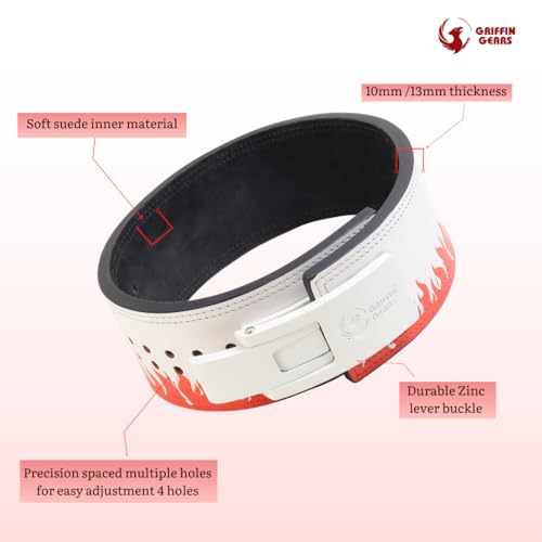 Image of 13mm Lever Powerlifting Belt - Red Fire Leather Gym Belt with White Buckle - Men & Women- Weightlifting, Squats, Deadlifts - IPF Standard (Red Fire White Buckle, S)
