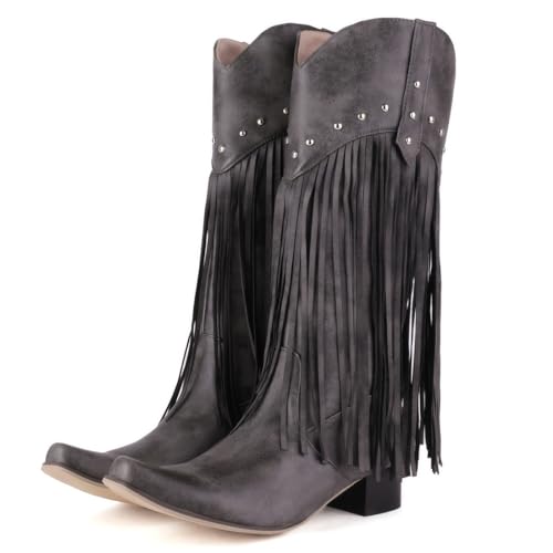 Image of KiutSymo Mid Calf Fringe Boots For Women Cowboy Pointed Toe Chunky Heels Cowgirl Western Tassel Boots