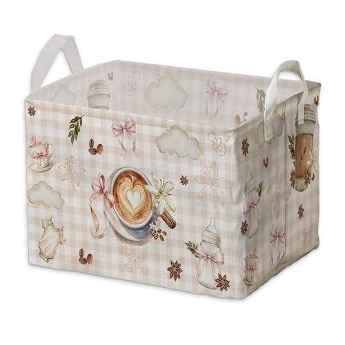 Image of A Baby Is Brewing Baby Shower Decorations,Pink Coffee Storage Baskets,Coffee Nursery Decor,Large Square Canvas Laundry Hamper With A Waterproof PE Coating, Foldable Kids Toy Clothes Bins for Bedroom