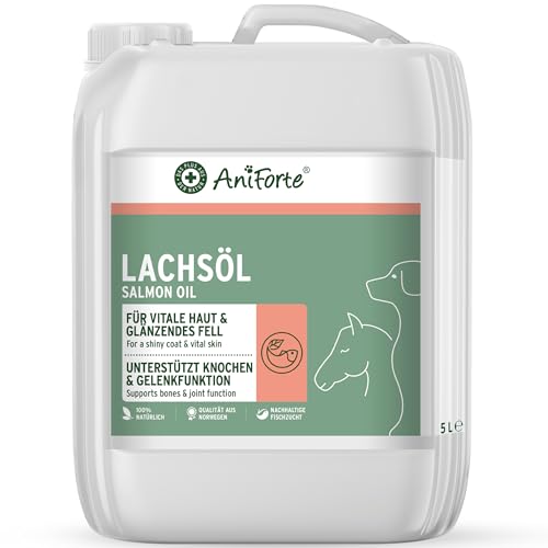 AniForte Aceite de salmón 5 litros para caballos y perros - 100% Natural, Contiene Ácidos Grasos Omega 3, EPA, DHA Y Linolénico. Beneficioso para Huesos Fuertes y Pelaje Brillante