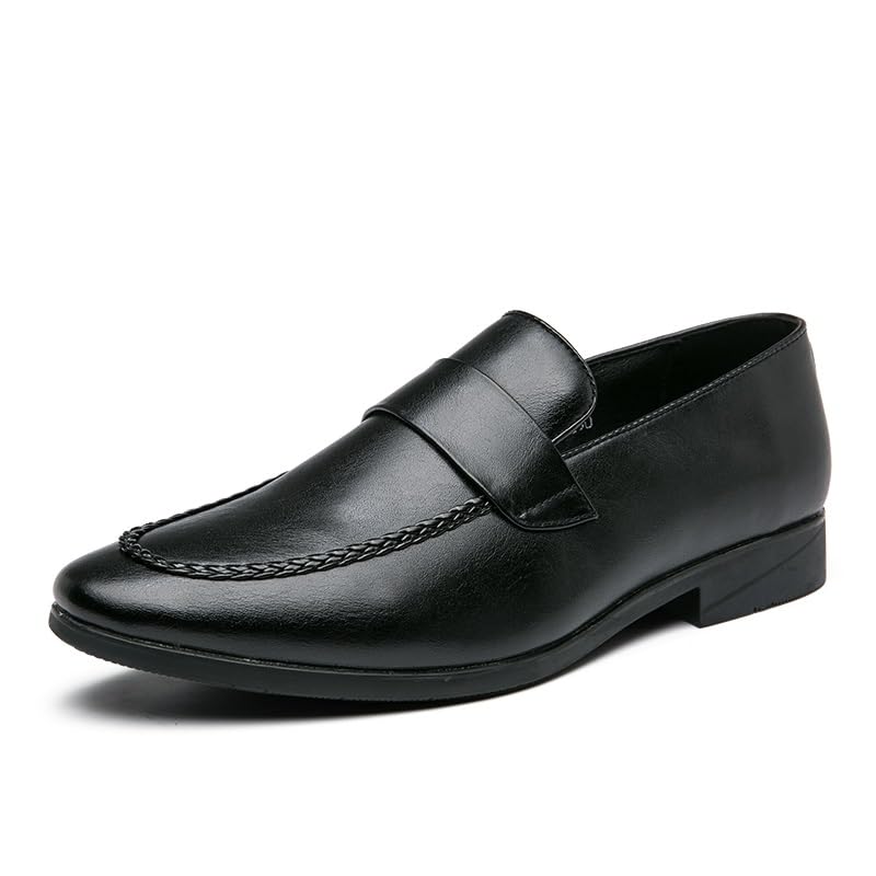 HOOENG Oxford Shoes for Men Slip On Pointed Toe PU Leather Apron Toe Penny Loafer Low Top Rubber Sole Block Heel Casual(Color:Black,Size:7.5)