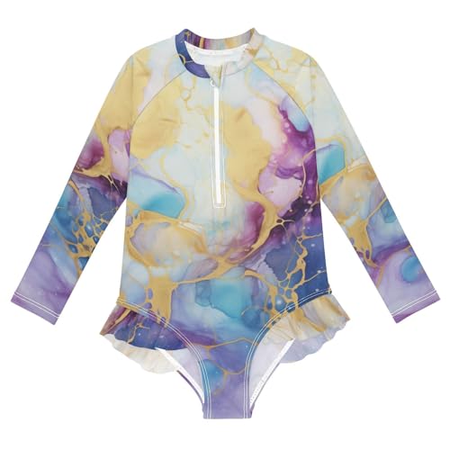 Girls One Piece Swimsuits Long Sleeve Swimsuit Zipper Bathing Suits Purple Marble Gold Fluid Blue