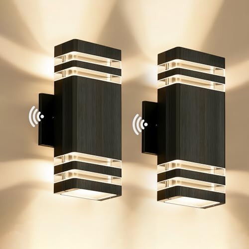 Image of JYV Square Dusk to Dawn Outdoor Wall Lights 2 Pack, Up and Down, Black | Aluminum Exterior Lighting Fixtures Wall Mount with 2x7W 3000K Bulbs, Waterproof Outdoor Lights for House Porch Patio Garage