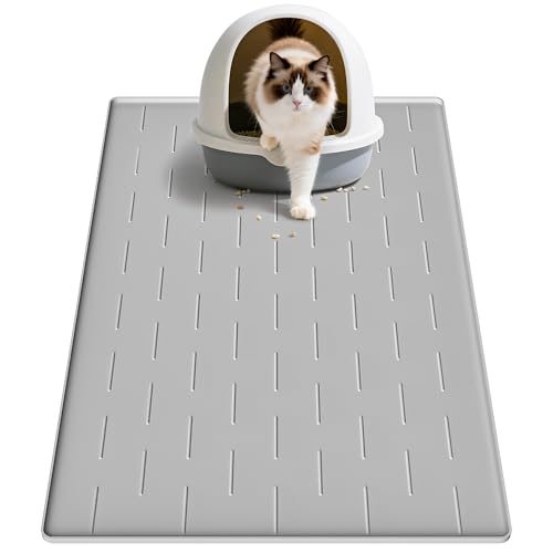 Pieviev Silicone Cat Litter Trapping Mat, 34''x22'' Large Cat Litter Mat, Easy to Clean & Soft on Kitty Paws, Waterproof Kitty Litter Pads for Indoor Cats, Light Grey