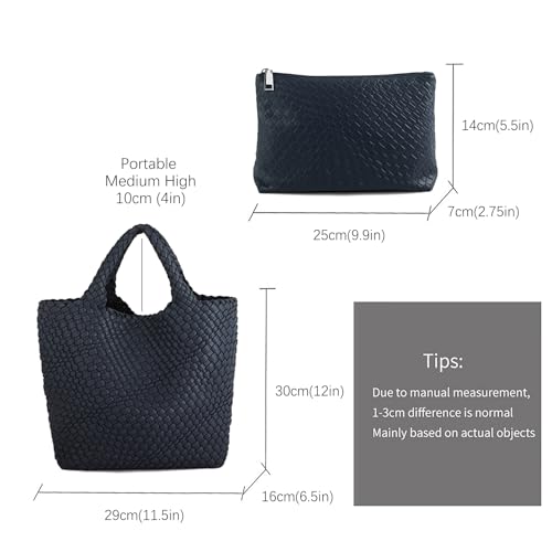 Image of Women's Vegan Leather Tote Bag - Handmade Woven Beach Bag, Travel Handbag with Purse & Top Handle Hobo Tote(Navy blue)