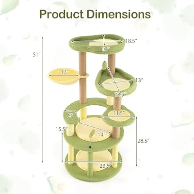 PETSITE 51-inch Avocado-Themed Cat Tree, Multi-Level Modern Cat Tower with Jute Scratching Posts, Avocado-Shaped Dangling and Spring Toy, and Removable Cushions, Cute Cat Tree Tower for Indoor Cats