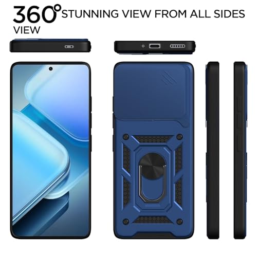 Image of Pikkme Back Cover for iQOO Neo 10R 5G / iQOO Z9 Turbo 5G / Vivo Y200 GT 5G | 360 Protection Case | Sliding Camera Shield Cover & Ring Holder Stand D10 Tough Armor Bumper Case (Blue)