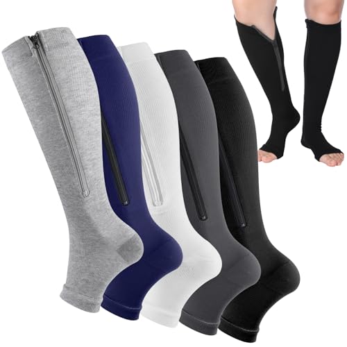 Twistover 5 Pairs Men's Zipper Compression Socks 20-30 mmHg, Open Toe Knee High Compression Stockings for Swelling, Travel, Long Standing, Easy On Support Socks(XL)