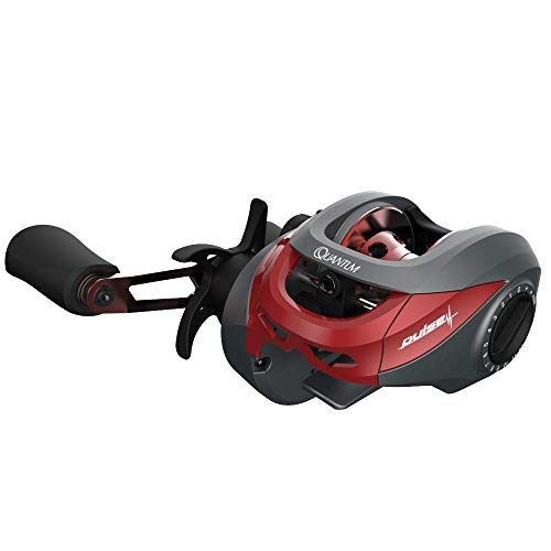 Quantum Pulse Baitcast Fishing Reel, Size 100 Reel, Right-Hand Retrieve, Aluminum Skeletal Spool, 6.6:1 Gear Ratio, Lightweight Graphite Frame and Side Covers, Gray/Red, Clam Packaging
