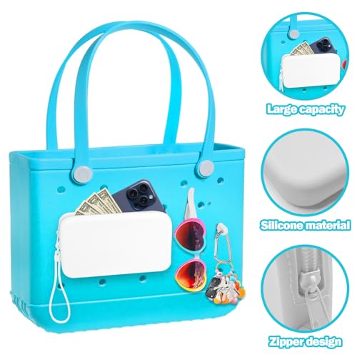 Image of Mity rain Silicone Wallet for Bogg Bag Phone Holder | Accessories Set for Bogg Bag Contain 2PCS Key Holder and Large Capacity Silicone Zipper Bag for Beach Bags Tote Bag (White)