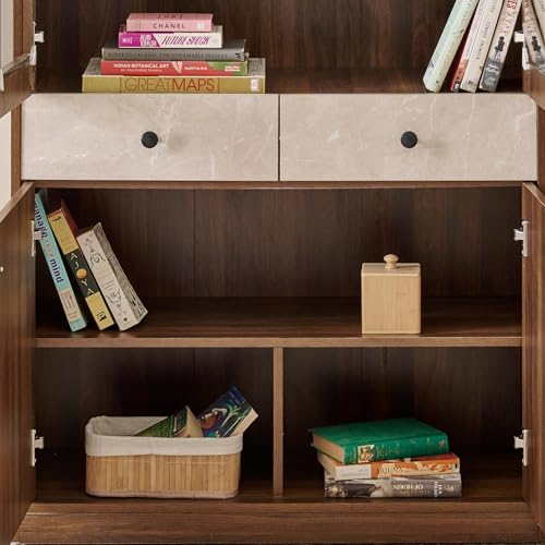 Image of Home Centre | Addison 4-Door Book Cabinet with Drawers | Engineered Wood | Brown | 1 Year Warranty