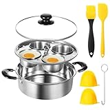 Egg Poacher Pan Nonstick 4 Eggs, Poached Egg Cooker, Poached Egg Pan, Stainless Steel Egg Poacher, Includes Stainless Steel Pot, 4 Cups, Silicone Brush & Spatula, Suitable for Multiple Stove Types (without coating)