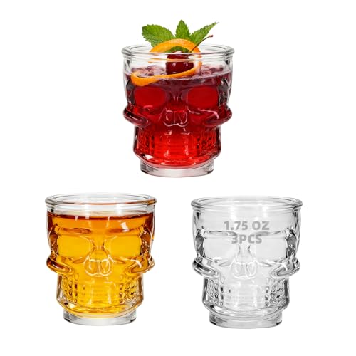REUJIHXY 3Pcs 1.75 Oz Shot Glass Skull Face Heavy Base Shot Glass Set Whiskey Glass Perfect for Wine Tasting Tequila Shooter Cocktail Pourer Jigger-clear shot glasses-50ml (3)