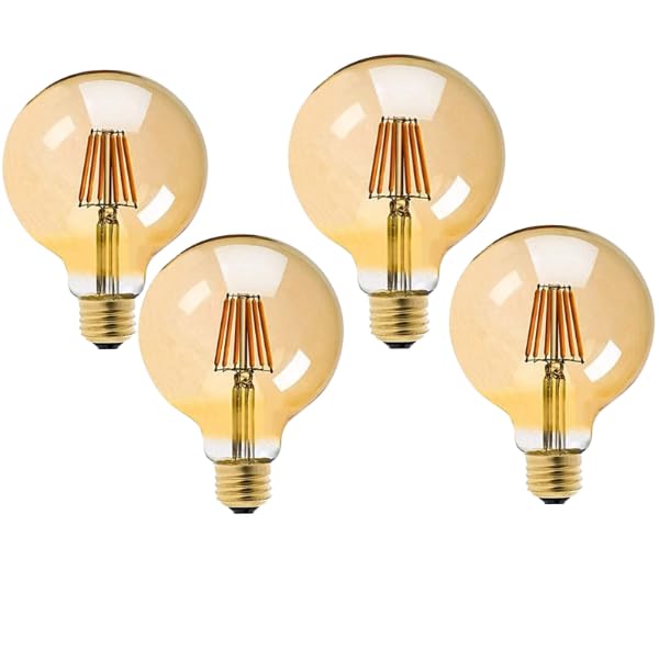 Image of Vintage Edison G125 LED Filament Bulb 6W, Amber Glass Globe (125mm) - Warm White, E26 /E27 Base for Home, Cafe & Decorative Lighting, Pack of 4