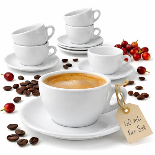 MUVELL 6x Espressotassen | Weiß | Italian Style | dickwandig & schwer | spülmaschinenfest | Espresso 6er Set mit Untertassen - Geschenkset