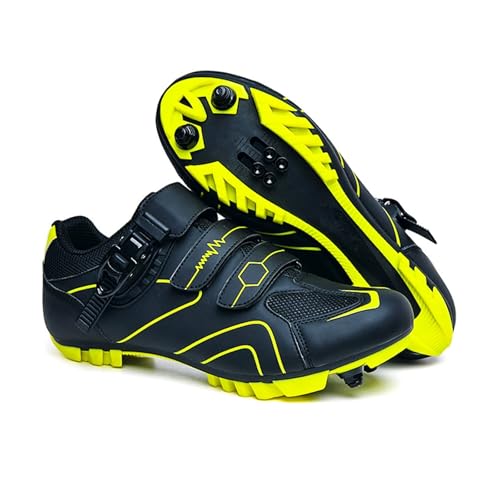 ENEN Zapatillas de Ciclismo para Hombre Mujer, Gancho y Bucle MTB Zapatos 39-46EU Bicicleta de Montaña, Zapatillas de Bicicleta de Carretera Compatibles SPD Lock (Negro Amarillo,40)
