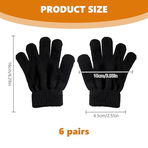 BDGYCK 6 Paare Magic Stretch Handschuhe, Winter Kinderhandschuhe, Kinder Stretch Fäustlinge Warme Baby Strickhandschuhe für Mädchen Jungen, für Kinder 5-13 Jahre Mädchen & Jungen(schwarz)