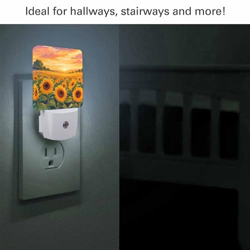 Image of LED Night Light,Beautiful Sunset Yellow Sunflower Fields LED Night Light Plug into Wall with Dusk to Dawn Light Sensor White Energy Efficient Nightlight for Bedroom Hallway Living Room Kitchen