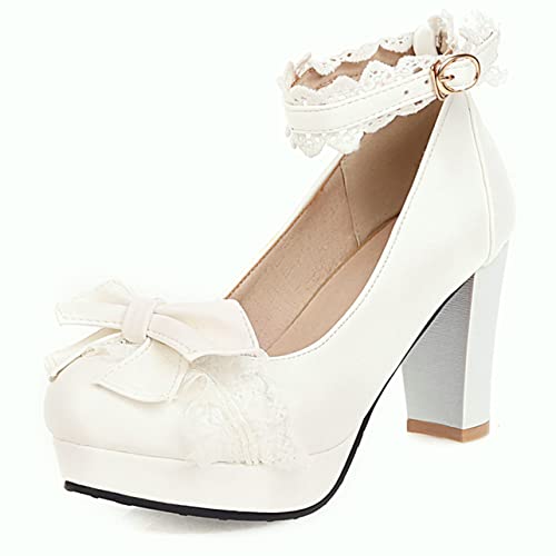 UniqueStride Womens Platform Chunky Block High Heel Pumps Ankle Strap Sweet Bow Buckle Closed Toe Shoes2