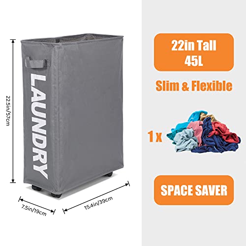 Caroeas 22" Rolling Slim Laundry Basket With Stand Foldable Waterproof Sorter And Organizer On Wheels Tall Thin Dirty Laundry Hamper Basket Home Corner Bin (Slim 22",Grey) #TOP1