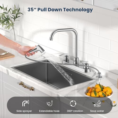 Image of 4 Hole Kitchen Faucet with Sprayer, Two-Handle Stainless Steel High Arch 8 Inch Centerset Sink Faucets with Side Sprayer for Commercial RV Laundry Utility Kitchen Faucet (Brushed Nickel)