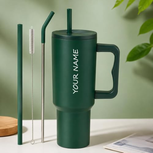 Image of Zephorus Personalized Stainless Steel Tumbler with Handle, 1200ml Capacity, Black Insulated Travel Mug with Straw, Custom Name Design (Green)