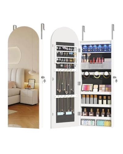 Ylued Arched Mirror Jewelry Cabinet, Over the Door or Wall Mounted, White