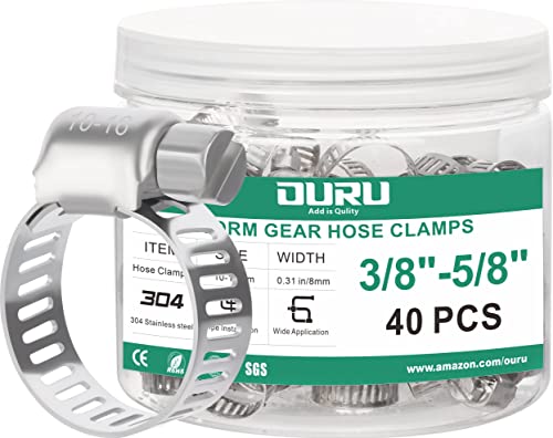 OURU 40PCS Hose Clamps Stainless Steel Adjustable 3/8 5/8(10-16mm) Worm Gear Hose Clamp Heavy Duty Metal Small Hose Clamps for Automotive Pipe Radiator Plumbing Fuel Line