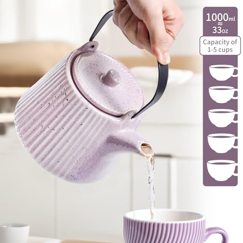 Image of Yundu Ceramic Teapots for Tea, 1000ml /33.8oz Tea Pot with Infusers for Loose Tea, Striped Tea Pot with Removable Tea Infuser - Reactive Pueple