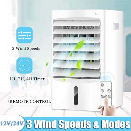 Aire acondicionado para vehículos recreativos, enfriador evaporativo, ventilador portátil 4 en 1 con control remoto, 4 bolsas de hielo, 3 velocidades, enfriador para camiones, automóviles y autobuses