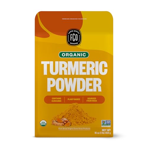 FGO Organic Turmeric Powder w/Curcumin, 1 Pound / 16oz Bulk Resealable Pouch, USDA Organic and Non-GMO, Sourced from India, Packaging May Vary (Pack of 1)
