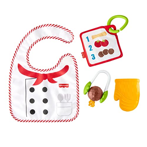 Image of Fisher-Price Cutest Chef Gift Set, 4 cooking-themed baby toys with wearable bib and teether for babies ages 3 months and older