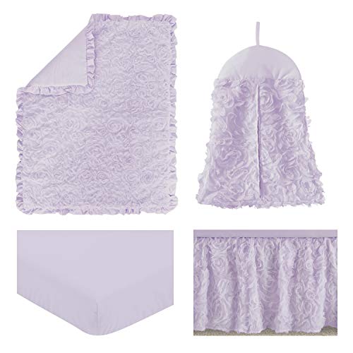 Sweet Jojo Designs Purple Floral Rose Baby Girl Nursery Crib Bedding Set - 4 Pieces - Solid Light Lavender Flower Luxurious Elegant Princess Vintage Boho Shabby Chic Luxury Glam High End Ruffle Roses #TOP1