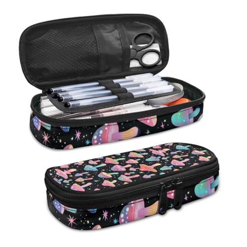 Image of Rainbow Mushroom Print Pencil Pouch Pen Bag, Pencil Case Stationery Pouch School Daily Storage Bag for Kids Girls Boys Teenagers, Black