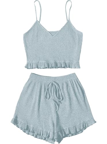 Image of Avanova Women's Ribbed Knit Pajama Set Cami Top and Ruffle Hem Shorts 2 Piece Sleepwear Set A Green X-Large