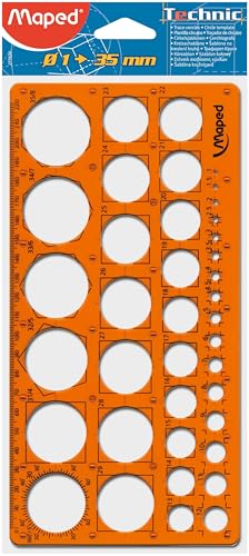 Maped - Trace-Cercles Pairs et Impairs de 1 à 35 mm - 39 Cercles - Règle 22 cm - Pochoir Technic - Antichoc - Normographe Rond - Pour Tout age