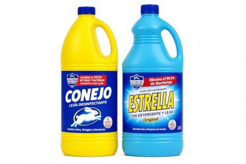 Pack Lejía Conejo 2 L + Estrella con Detergente 2,8 L – Lejía Desinfectante y Limpiadora para Hogar – Limpieza Profunda – 4,8 Litros