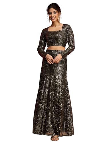Image of WomenBlack With Golden Sequence Crop Top With Fish Cut Skirt -L