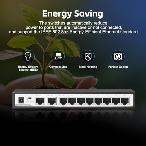 Image of 10 Port Gigabit Switch, 8 x 100 /1000Mbps Ports, 2 Gigabit Uplink, Support Vlan, Metal Fanless Unmanaged Plug and Play YuLinca Ethernet Switch