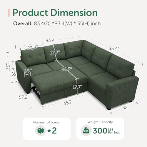 Image of HONBAY 5-Seater U-Shaped Sectional Sleeper Sofa with Pull-Out Bed, Corduroy Sectional Sofa for Living Room, Green