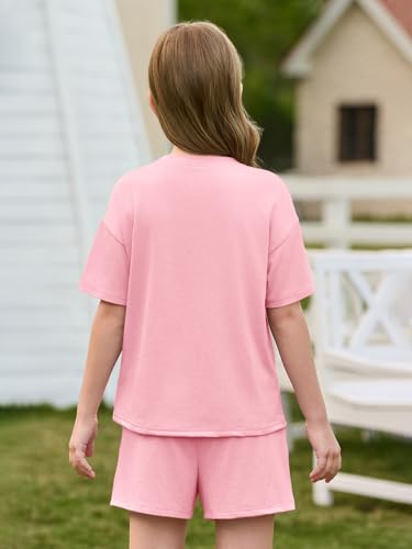 Image of Haloumoning Girls Summer 2 Piece Outfits Kids Oversized T Shirts and Shorts Clothing Sets 5-14 Years