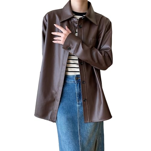 JEKE-DG Women's Button Down Loose Fit Outdoor Coat Classic Faux Leather Coat Jacket Lapel Lonf Sleeve Solid Outerwear