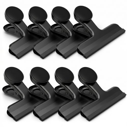 Image of HOUSE AGAIN Magnetic Chip Clips, Stainless Steel Chip Bag Clips with Strong Magnet and Silicone Cover, Heavy Duty Food Bag Clips for Kitchen Storage, 8 Pack Black, 3 Inch